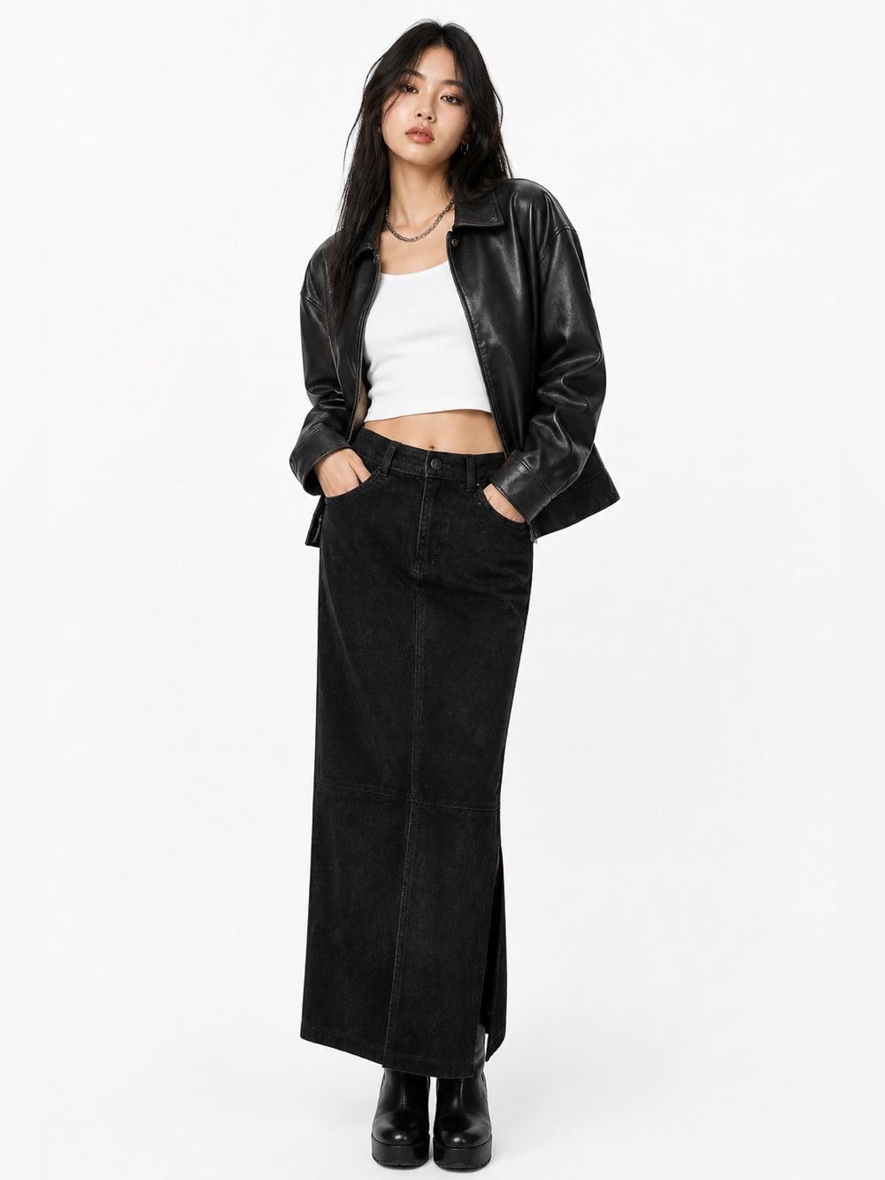 Vintage Express Suede‎ Leather Maxi Skirt Black 90s Y2K Minimalist Pencil 9/10